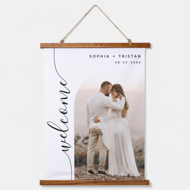 Vertical Script Photo Arch Wedding Welcome Sign Hanging Tapestry (Front)