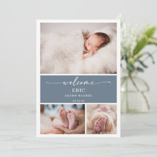 Vertical Slate Blue Photo Baby Announcement Card
