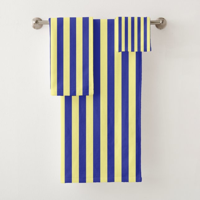 Vertical Soft Yellow and Blue Stripes Bath Towel Set (Insitu)
