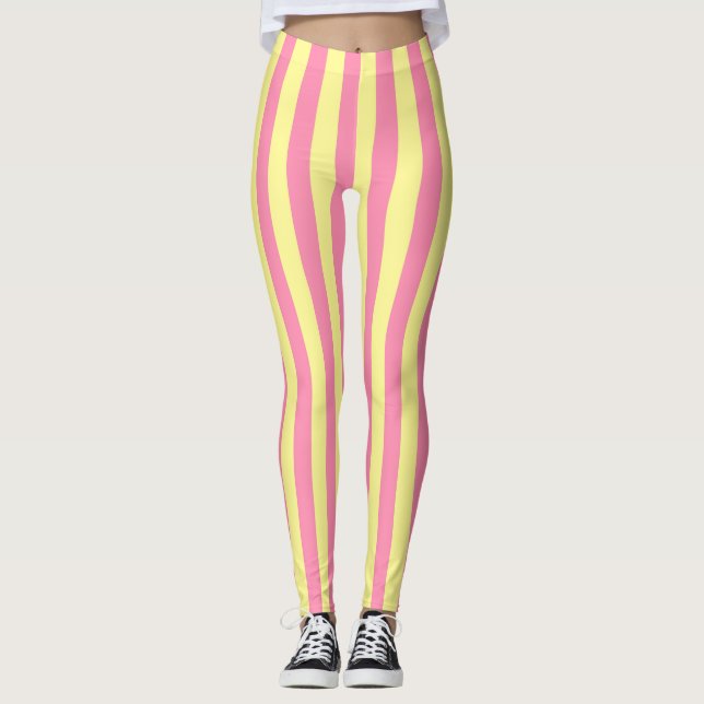Vertical Soft Yellow and Pink Stripes Leggings (Front)