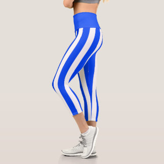 Vertical Stripe Sailor Blue & White Pattern Capri Leggings