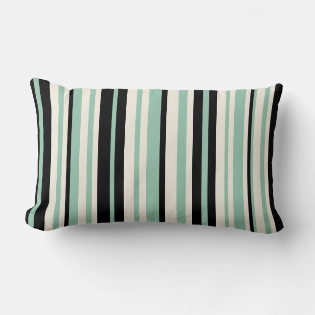 Vertical Stripes in Mint, Black, and Cream Lumbar Cushion (Front)
