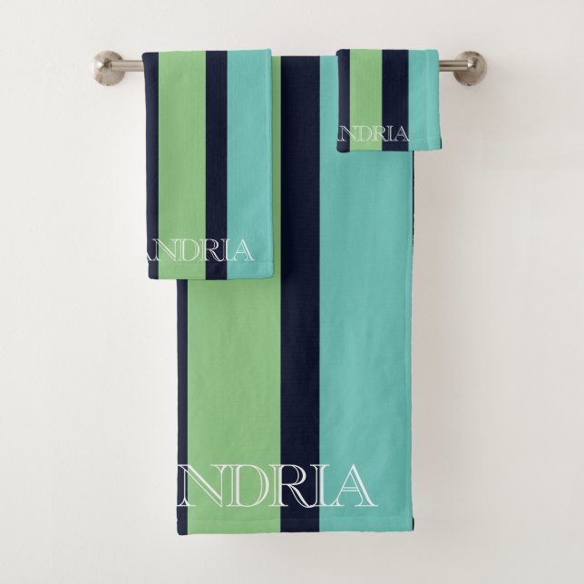 Vertical Stripes In Sage Green, Navy And Teal Bath Towel Set (Insitu)