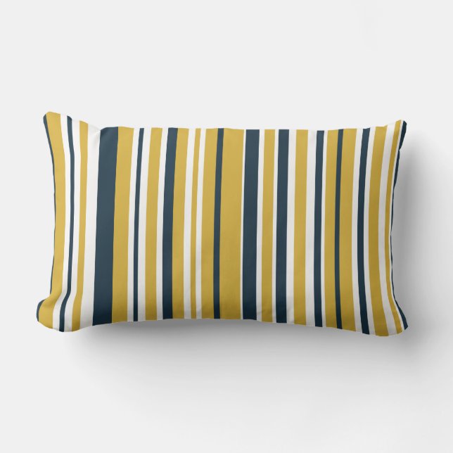 Vertical Stripes Mustard Yellow, Navy Blue, White Lumbar Cushion (Front)
