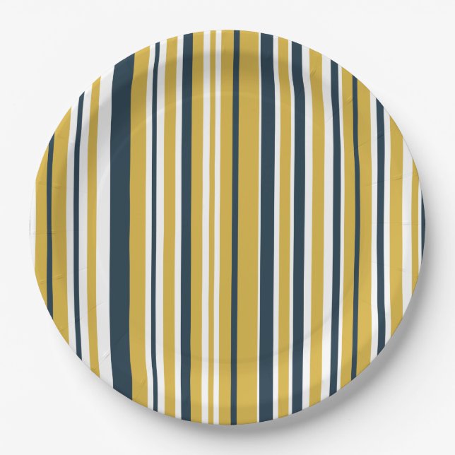 Vertical Stripes Mustard Yellow, Navy Blue, White Paper Plate (Front)