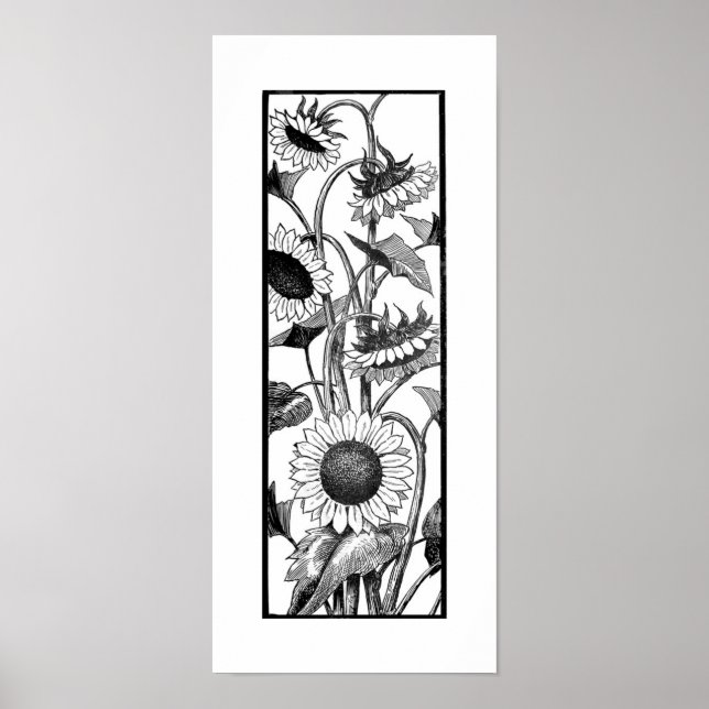 Vertical Sunflower Art Print Black And White (Front)