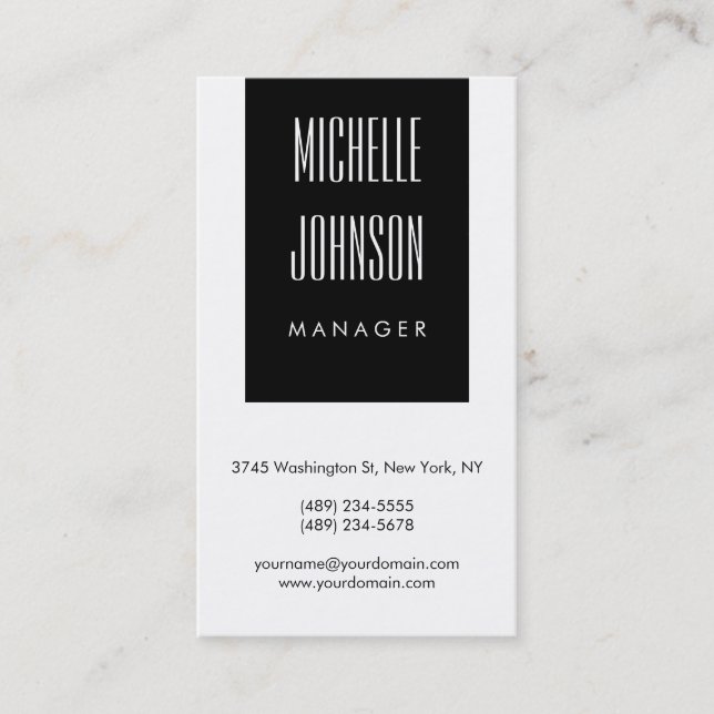 Vertical Trendy Black White Manager Business Card (Front)