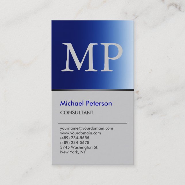 Vertical Trendy Blue Grey Monogram Business Card (Front)