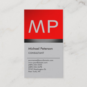 Vertical Trendy Red Grey Monogram Business Card