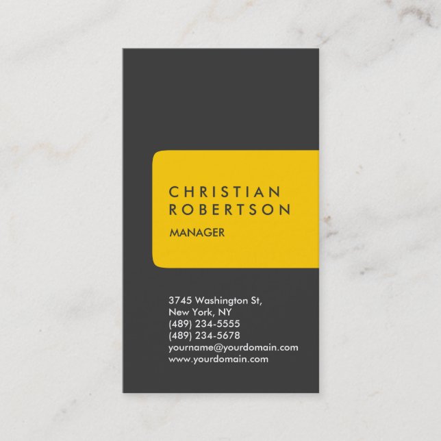 Vertical trendy standard yellow grey business card (Front)