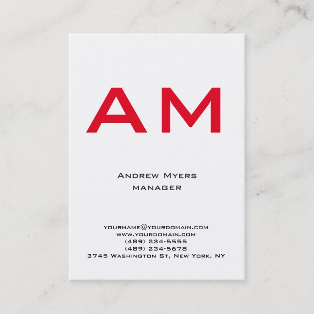 Vertical unique plain simple white red monogram business card (Front)