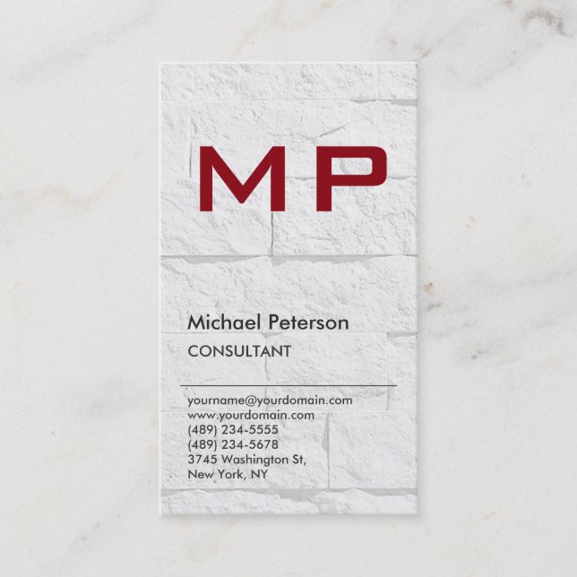Vertical Wall Effect Red Monogram Business Card (Front)