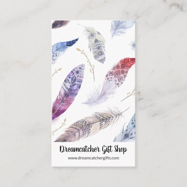 Vertical Watercolor Feathers Business Card (Front)