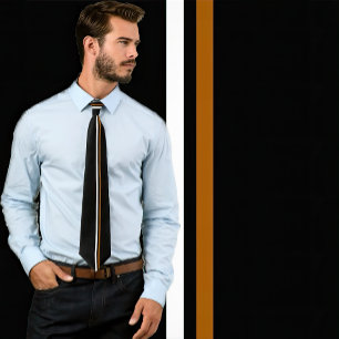 Vertical White and Brown Stripes on Black Necktie