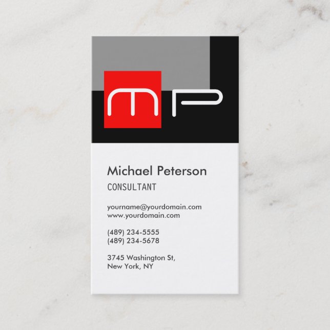 Vertical White Red Grey Monogram Business Card (Front)
