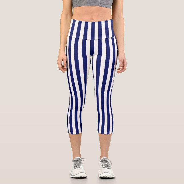 Vertical White Stripes DIY Colour Background Navy Capri Leggings (Front)