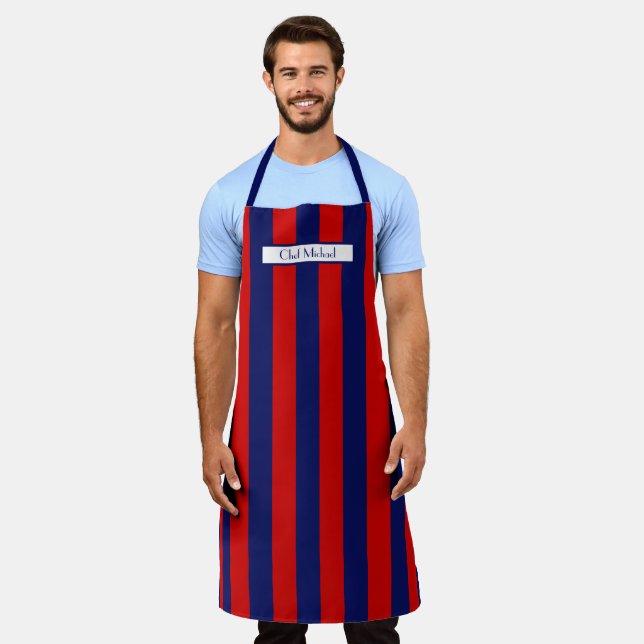 Vertical Wide Stripe DIY Colours Navy Red SV Apron (Worn)