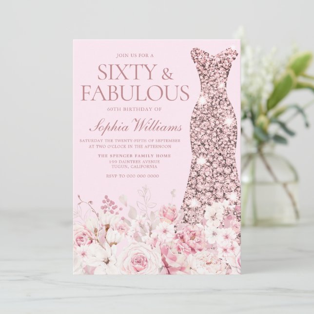 Very Blush Floral Rose Gold Dress 60th Birthday Invitation (Standing Front)