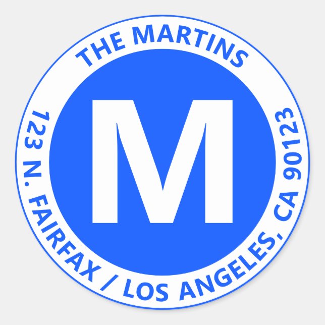 Very Bold Modern Blue & White Monogram & Text Classic Round Sticker (Front)