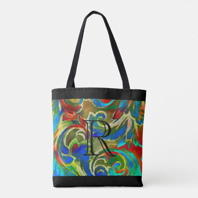 Very Colourful Damask Pattern with Monogram Tote Bag (Back)
