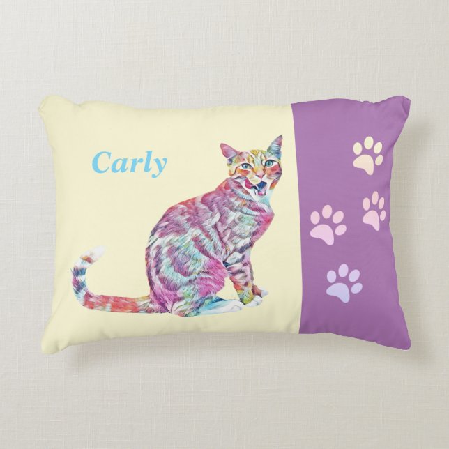 Very Colourful Tabby Cat Accent Pillow (Front)