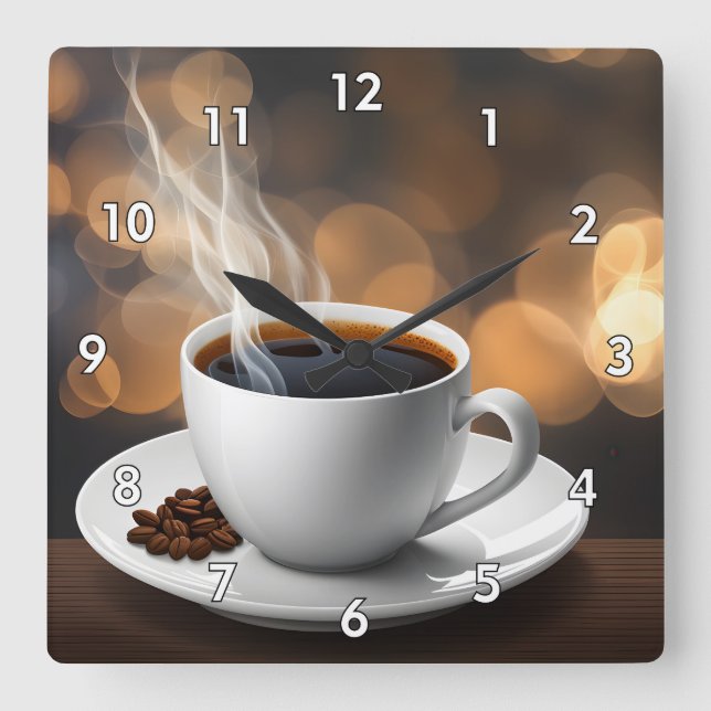 Very Cool AI Generated Cup of Steaming Coffee Square Wall Clock (Front)