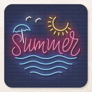 Very Cool and Colorful Simulated Neon Summer Square Paper Coaster