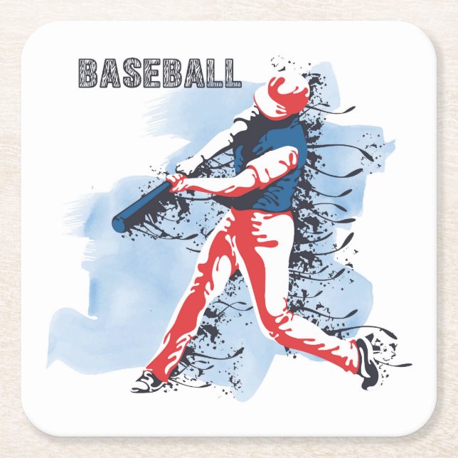Very Cool and Colourful Baseball Player Swinging Square Paper Coaster (Front)