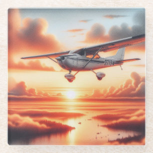 Very Cool Cessna Aeroplane in the Air at Sunset Glass Coaster