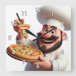 Very Cool & Colourful Pizza Guy with Pizza Square Wall Clock