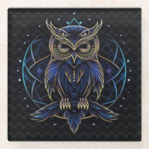 Very Cool Digital Neon Owl w/Dark Chequered BGND Glass Coaster