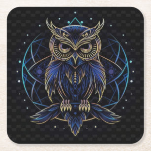 Very Cool Digital Neon Owl w/Dark Chequered BGND Square Paper Coaster