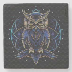 Very Cool Digital Neon Owl w/Dark Chequered BGND Stone Coaster