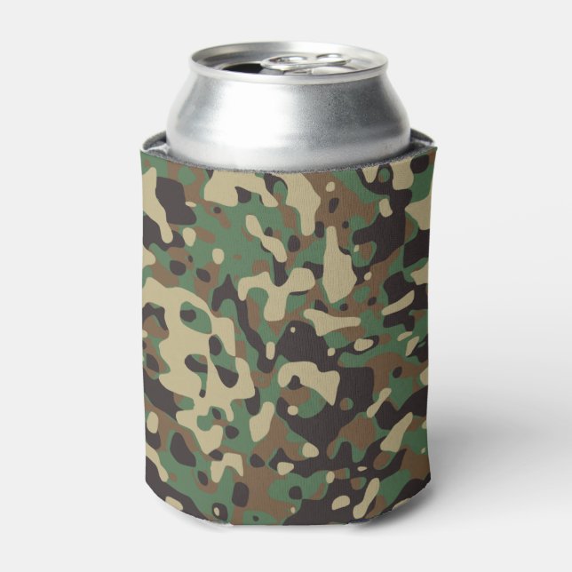 Very Cool Hunter Style Woodland Camo Pattern Can Cooler (Can Front)