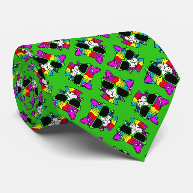 Very Cool Rainbow Cat Pattern on Green Tie (Rolled)