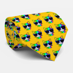 Very Cool Rainbow Cat Pattern on Yellow Tie