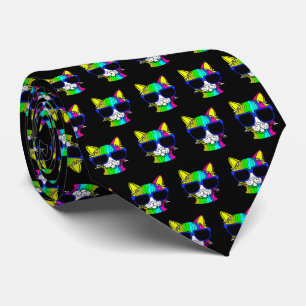 Very Cool Rainbow Cat w Sunglass Pattern on Black Tie