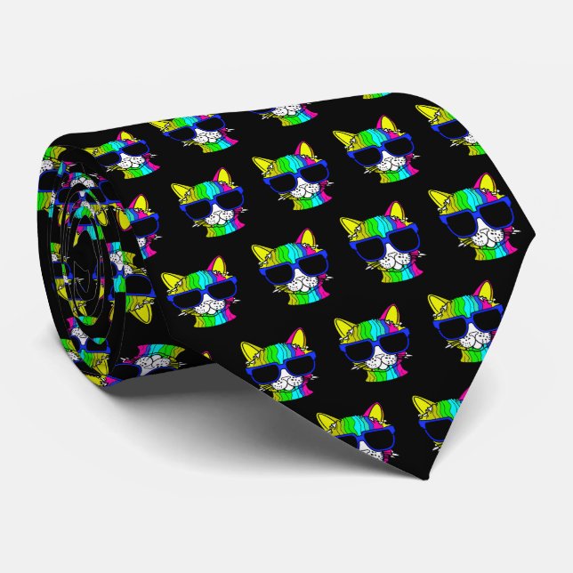 Very Cool Rainbow Cat w Sunglass Pattern on Black Tie (Rolled)