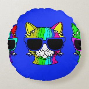 Very Cool Rainbow Cat with Sunglass on Blue Round Cushion