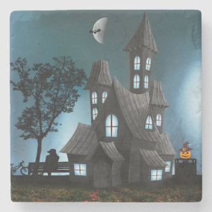 Very Cool Scary Halloween Cartoon House Stone Coaster
