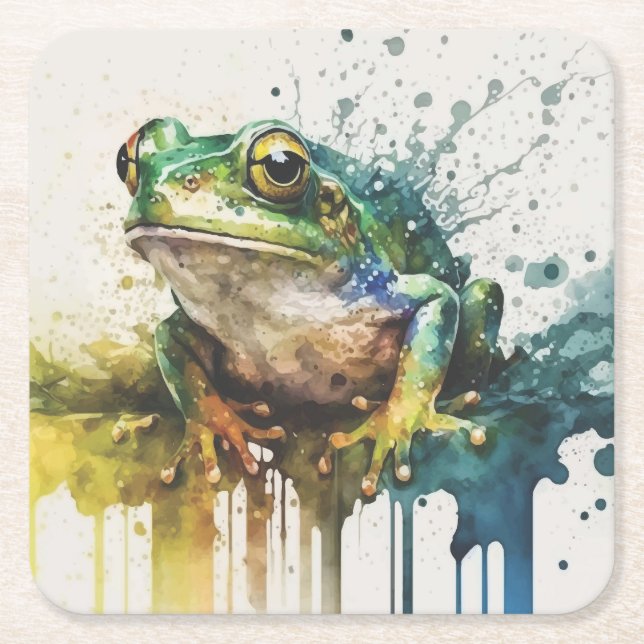 Very Cool Semi-Abstract Frog Painting Square Paper Coaster (Front)