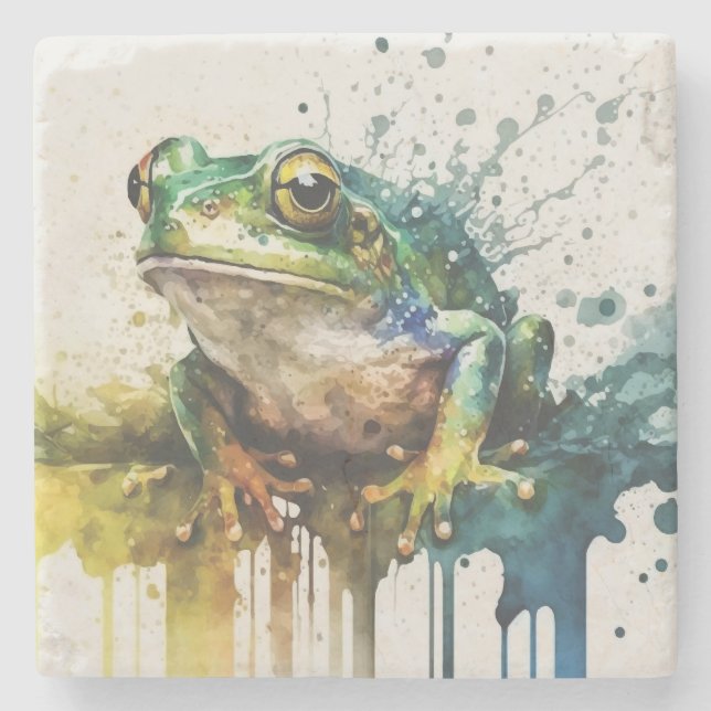 Very Cool Semi-Abstract Frog Painting Stone Coaster (Front)
