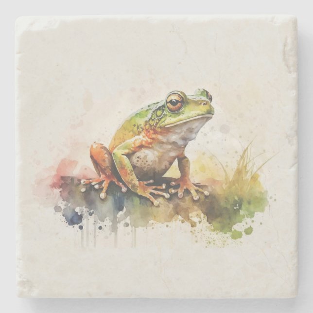 Very Cool Semi-Abstract Frog Painting Stone Coaster (Front)
