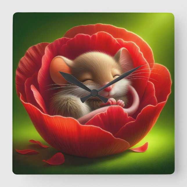 Very Cute Baby Mouse Sleeping Square Wall Clock (Front)