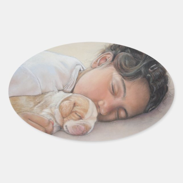 very cute child and beagle puppy oval sticker (Front)