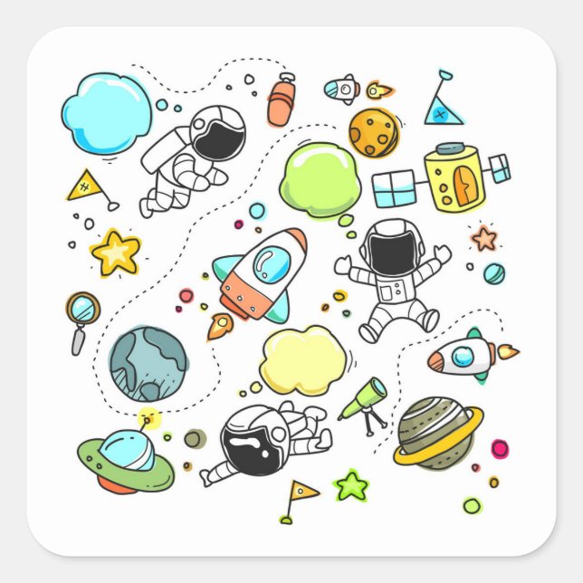 Very Cute Children's Space Doodle Square Sticker (Front)