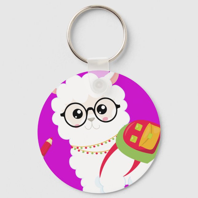 Very cute l Llama with backpack pink Key Ring (Front)