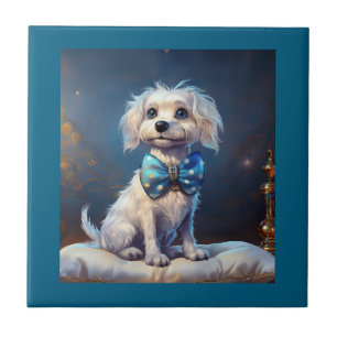 Very Cute Lil Doggie With Blue Bow Tie Ceramic Tile