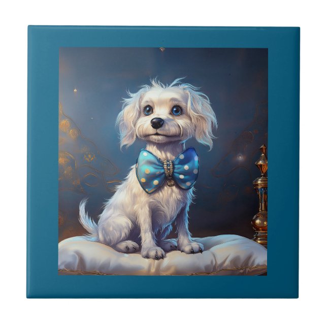 Very Cute Lil Doggie With Blue Bow Tie Ceramic Tile (Front)