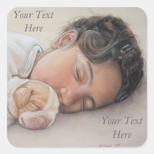 very cute little girl cuddling tiny beagle puppy square sticker (Front)